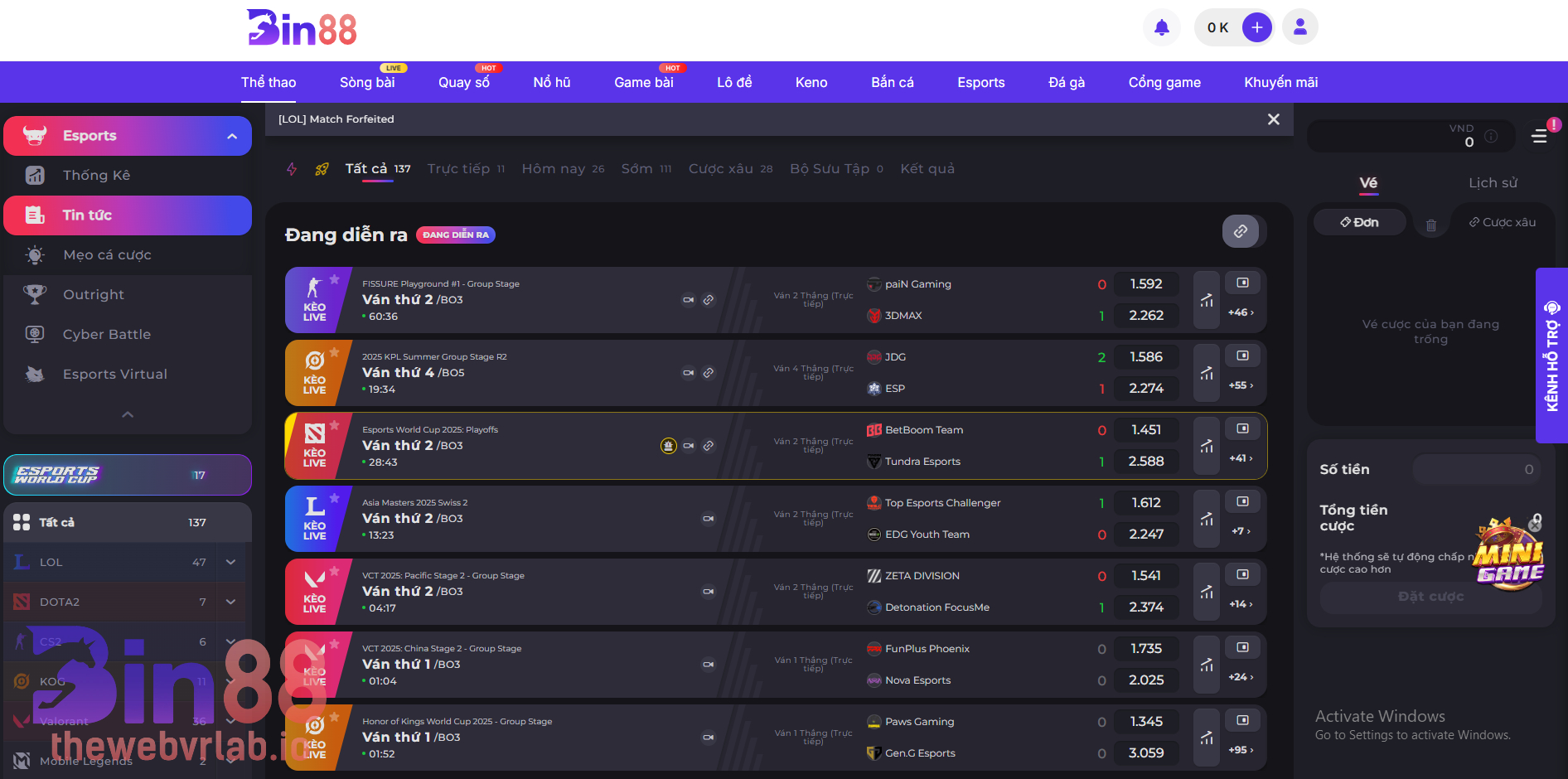 Các loại kèo phổ biến tại Thể Thao BIN88